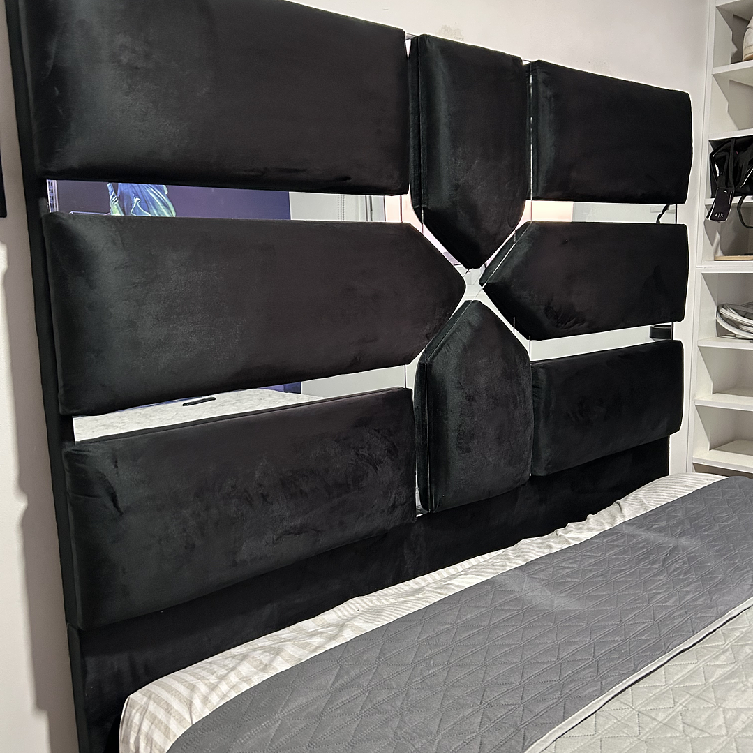 cama de 2 plazas + respaldo de espejo + tapiz color a elección en 2 plazas + bases divididas + colchón new ortopédico  7