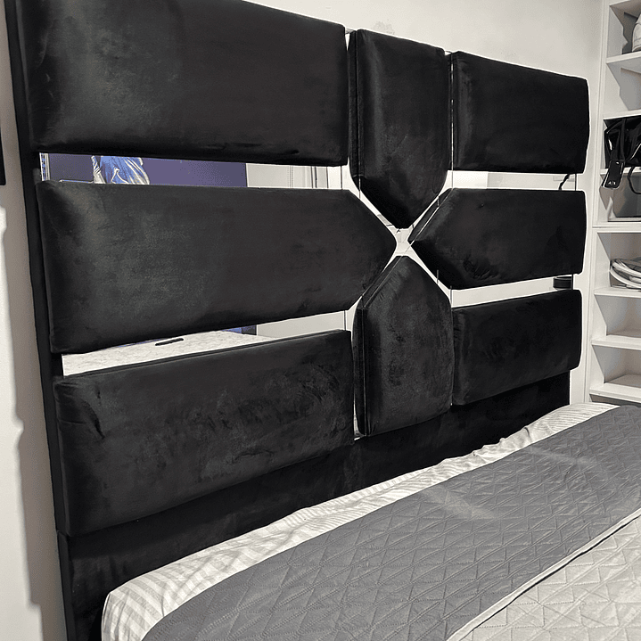 cama de 2 plazas + respaldo de espejo + tapiz color a elección en 2 plazas + bases divididas + colchón new ortopédico  7