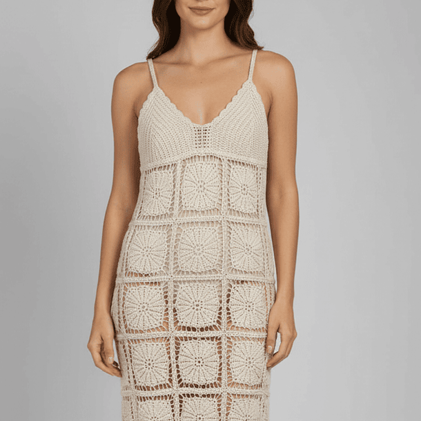 Vestido Largo Beige Tejido Macramé – Estilo Boho Verano 2