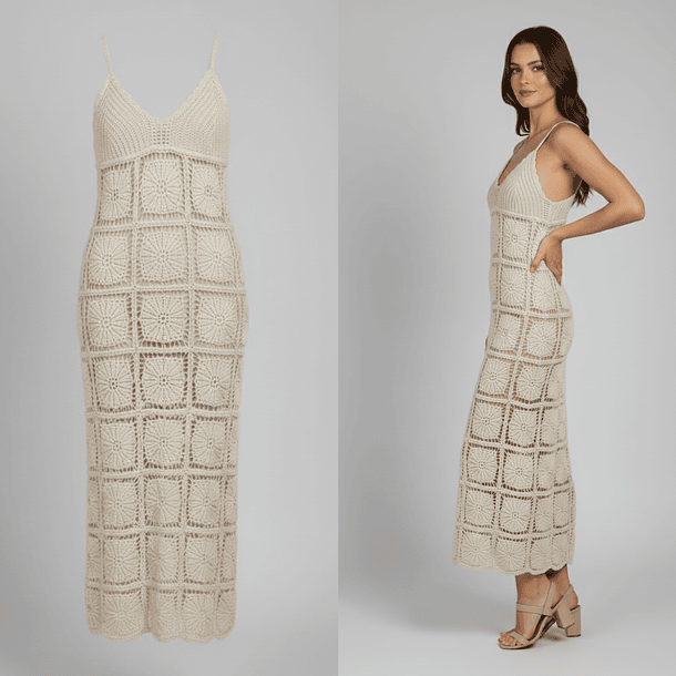 Vestido Largo Beige Tejido Macramé – Estilo Boho Verano 3