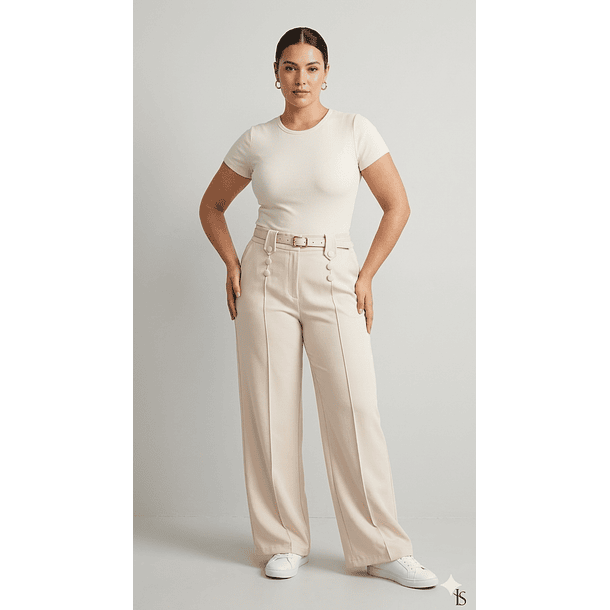 Pantalón Sastrero Mujer Tiro Alto con Cinturón Botones 1