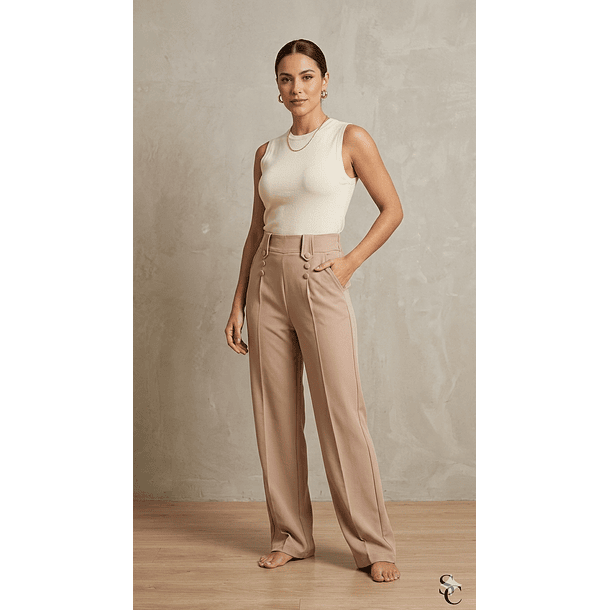 Pantalón Sastrero Mujer Tiro Alto con Cinturón Botones 4