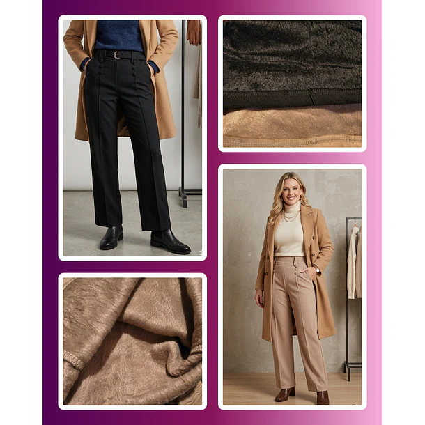 Pantalón Forrado Sastrero Mujer Tiro Alto con Cinturón Botones 5