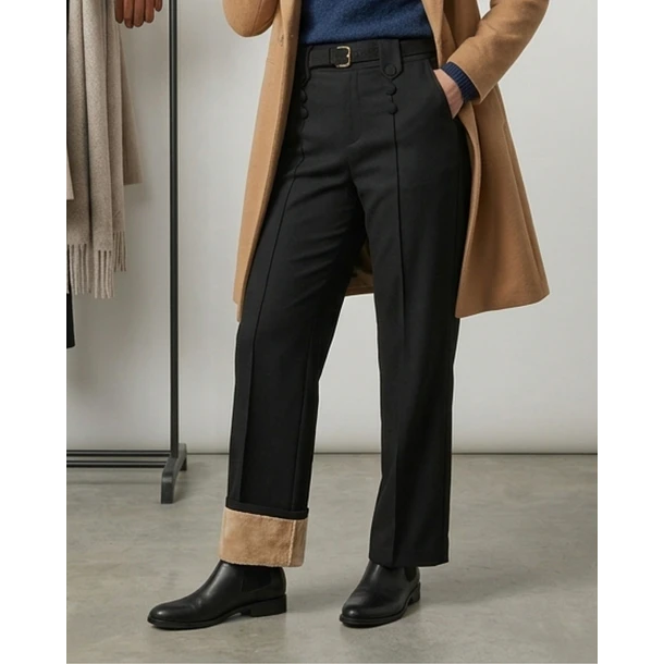 Pantalón Forrado Sastrero Mujer Tiro Alto con Cinturón Botones 3