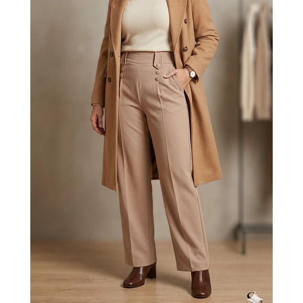 Pantalón Forrado Sastrero Mujer Tiro Alto con Cinturón Botones 4