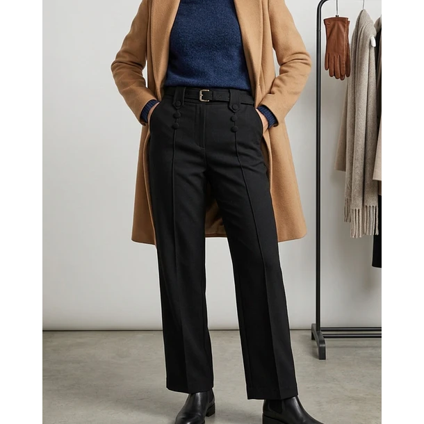 Pantalón Forrado Sastrero Mujer Tiro Alto con Cinturón Botones 1