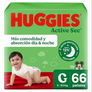 Pañales huggies Active Sec - paquete de 66 unidades talla G tamaño grande (g) sin género 