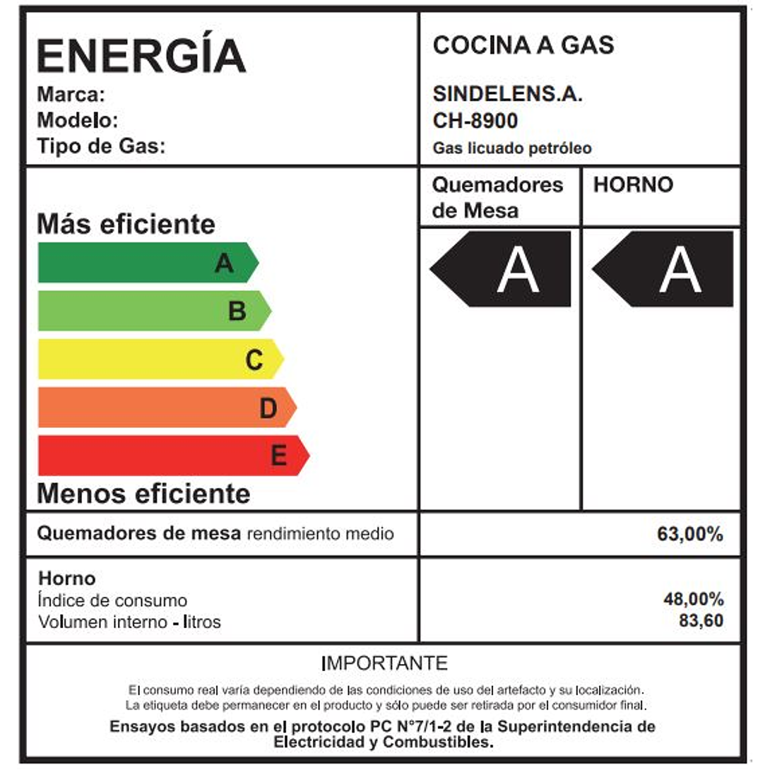 COCINA A GAS 5 QUEMADORES SINDELEN CH-8900IN