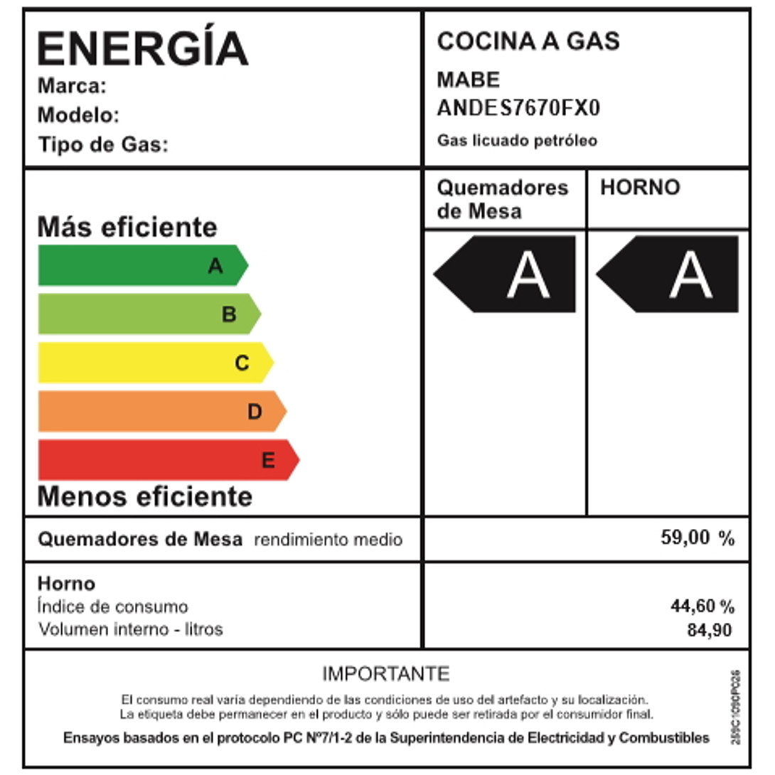COCINA A GAS 5 QUEMADORES ANDES7670FX0 MABE