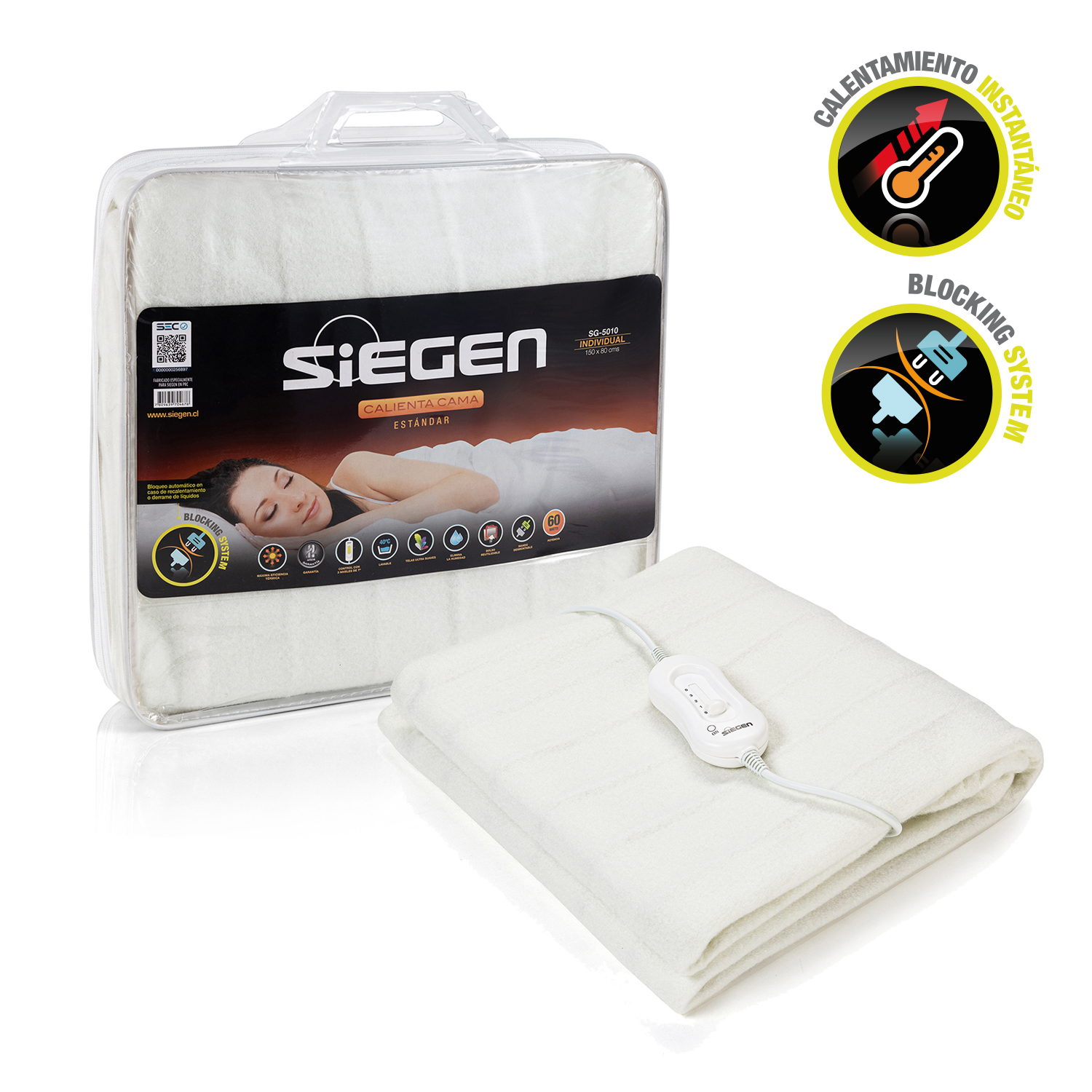 Calienta Cama Siegen 1 Plaza 60 W Lavable 3 Temp SG-5010