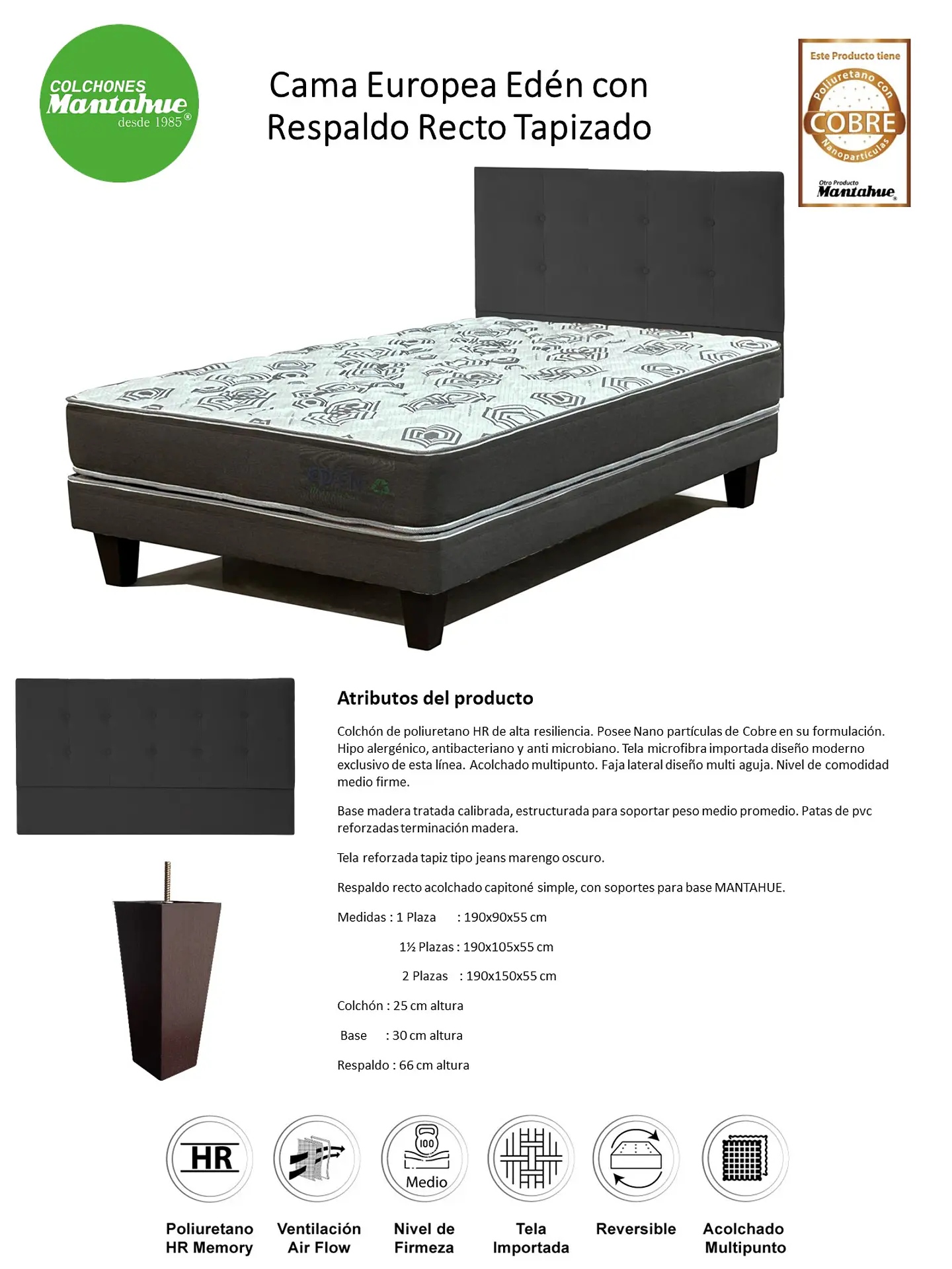 Cama 2P Eden C Nucl Aglom+Resp Recto Tapizado Mantahue Maq3Vas428893 5