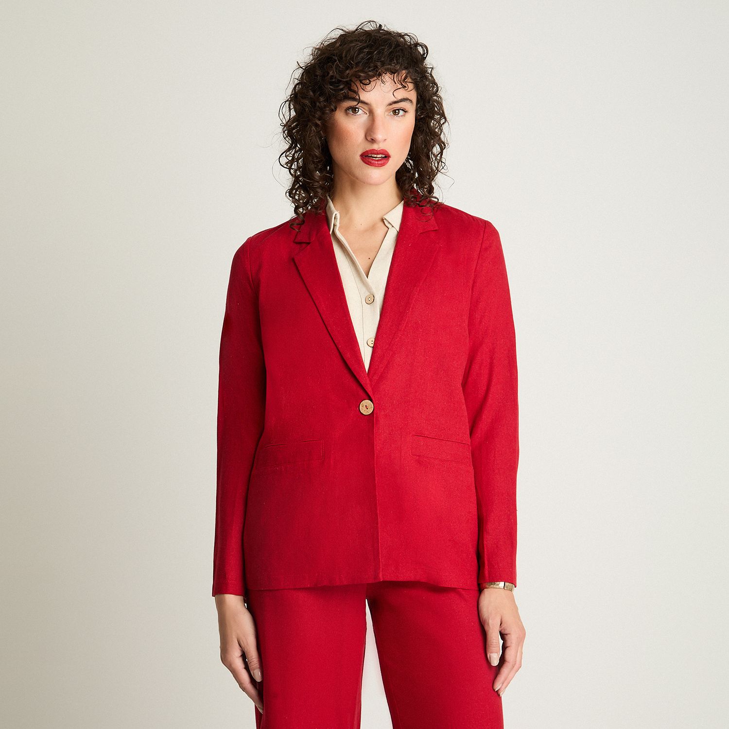 Blazer Mujer Manga Larga 1 Boton On Tipo Lino 956601 Rojo