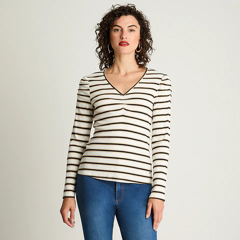 POLERA MUJER CUELLO V MANGA LARGA RECOGIDO EN MANGAS LISTADA 106621 AZUL 