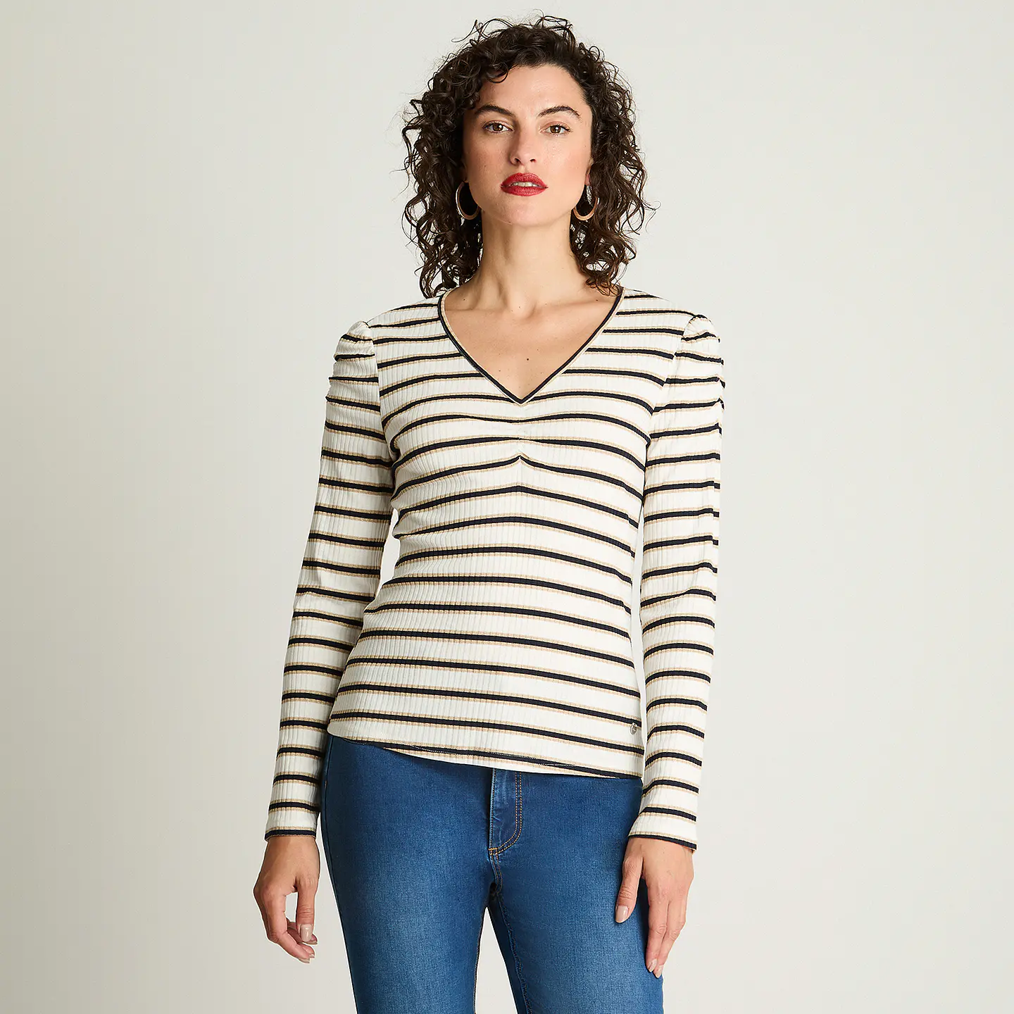 Polera Mujer Cuello V Manga Larga Recogido En Mangas Listada 106621 Azul  1
