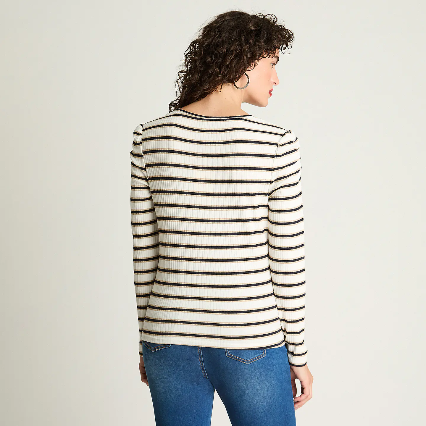 Polera Mujer Cuello V Manga Larga Recogido En Mangas Listada 106621 Azul  2