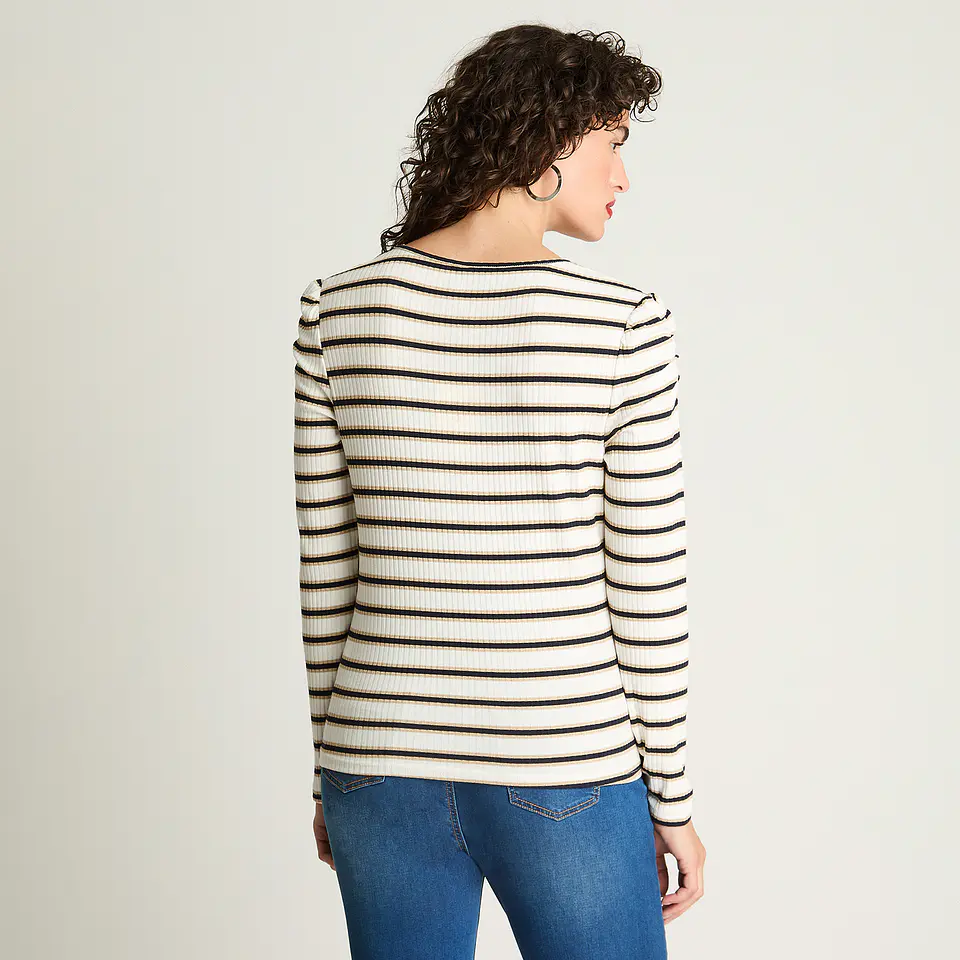Polera Mujer Cuello V Manga Larga Recogido En Mangas Listada 106621 Azul  2