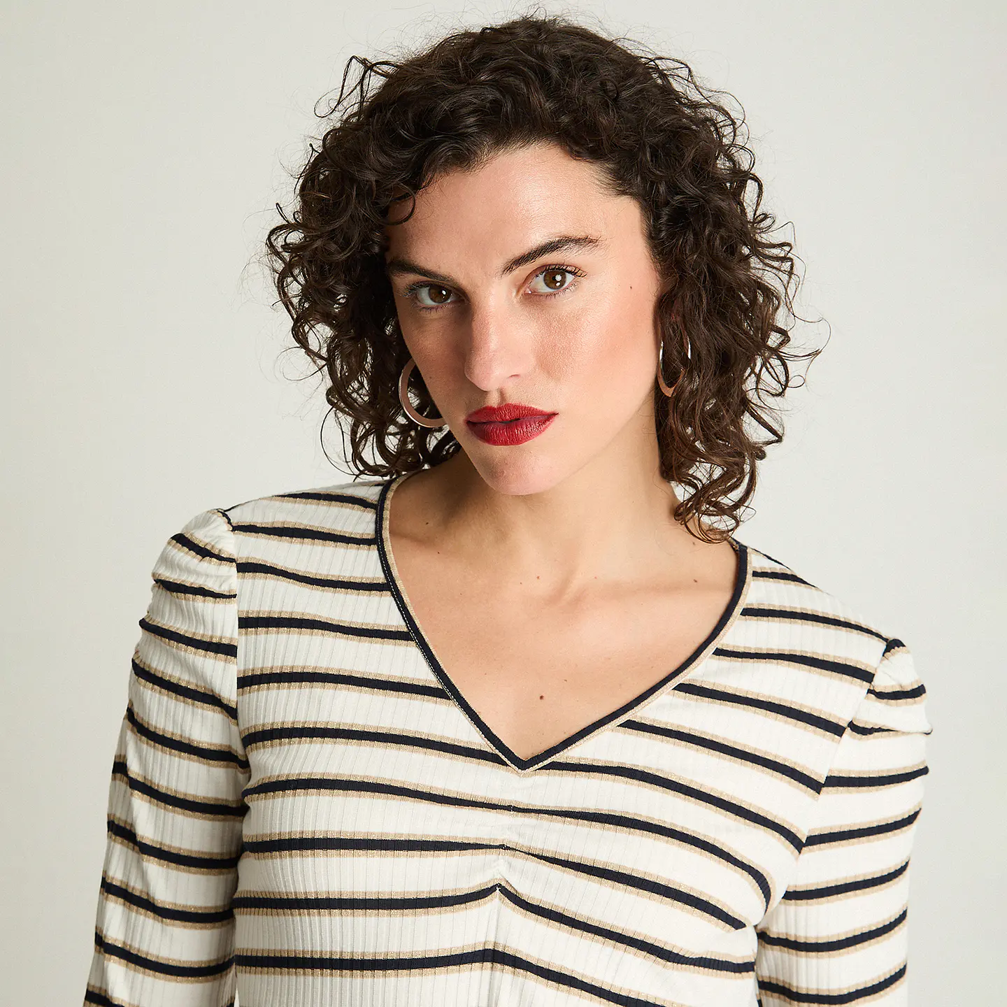 Polera Mujer Cuello V Manga Larga Recogido En Mangas Listada 106621 Azul  4