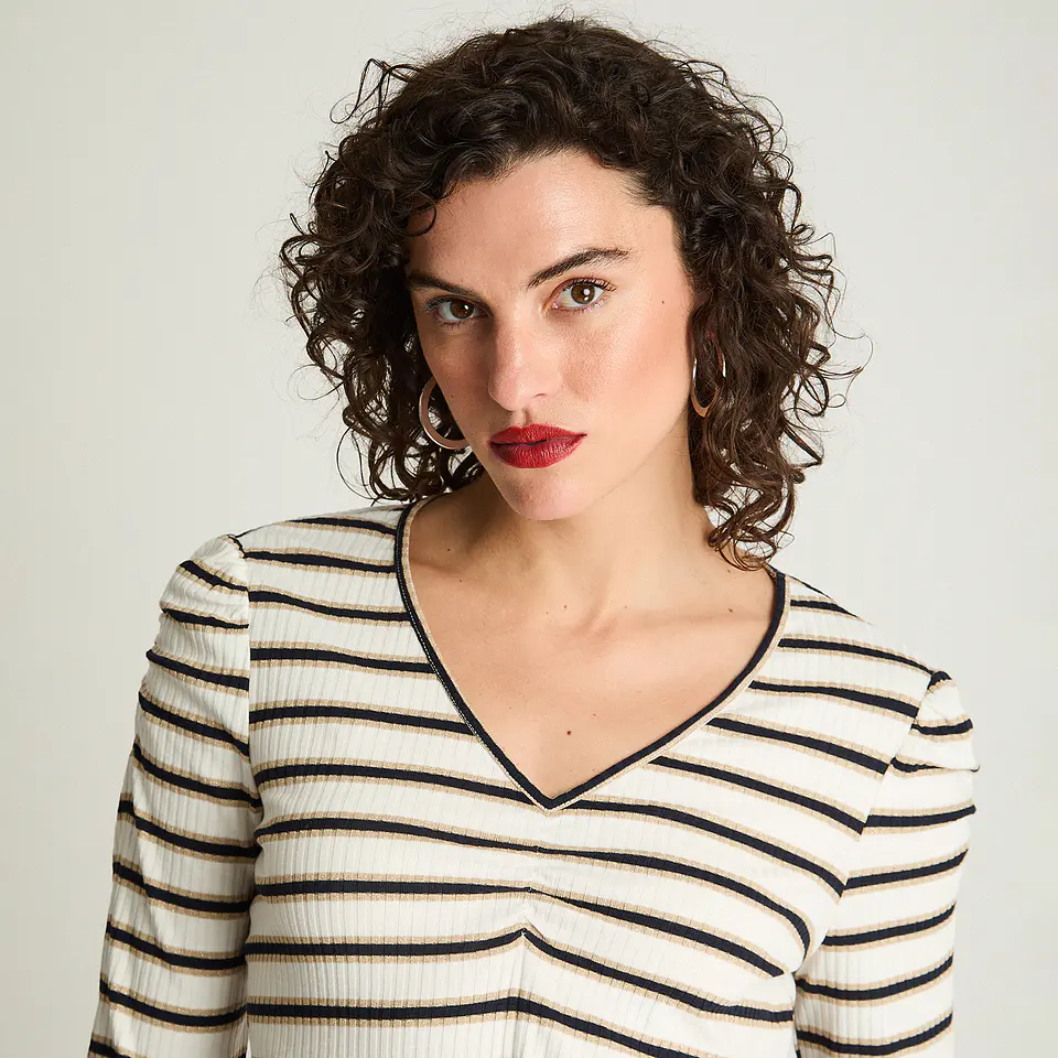 Polera Mujer Cuello V Manga Larga Recogido En Mangas Listada 106621 Azul  4