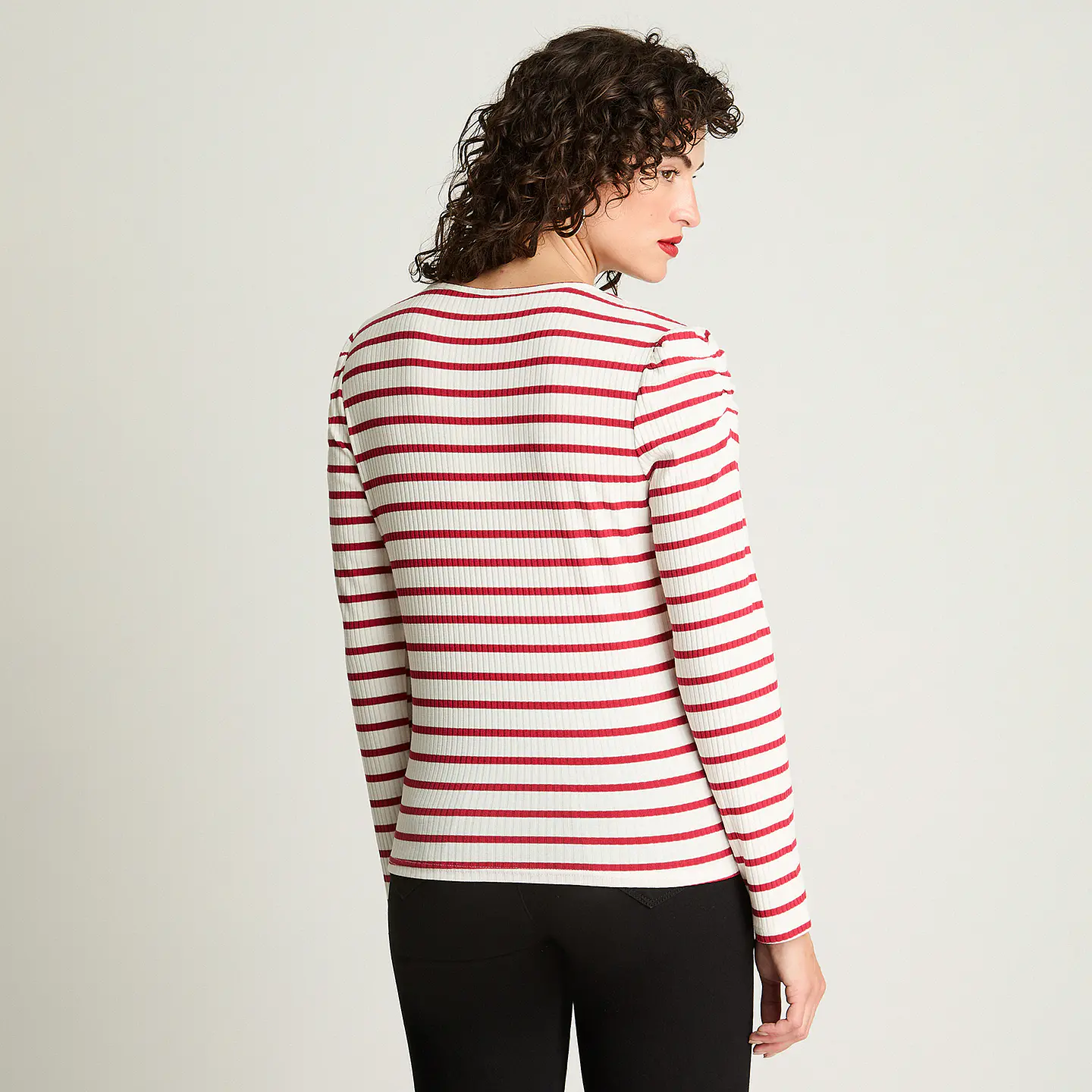 Polera Mujer Cuello V Manga Larga Recogido En Mangas Listada 106621 Rojo 2