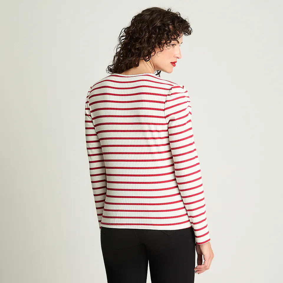 Polera Mujer Cuello V Manga Larga Recogido En Mangas Listada 106621 Rojo 2