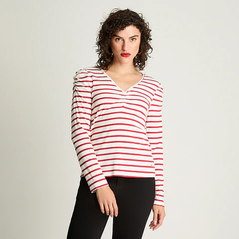 POLERA MUJER CUELLO V MANGA LARGA RECOGIDO EN MANGAS LISTADA 106621 ROJO