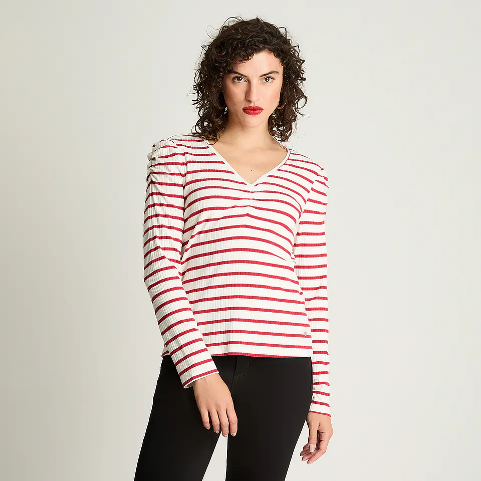 Polera Mujer Cuello V Manga Larga Recogido En Mangas Listada 106621 Rojo 1
