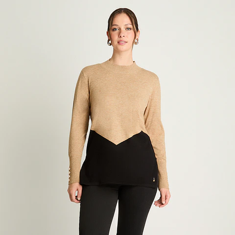 SWEATER MUJER CUELLO MEDIO BEATLE MANGA LARGA BICOLOR 816513 CAMEL
