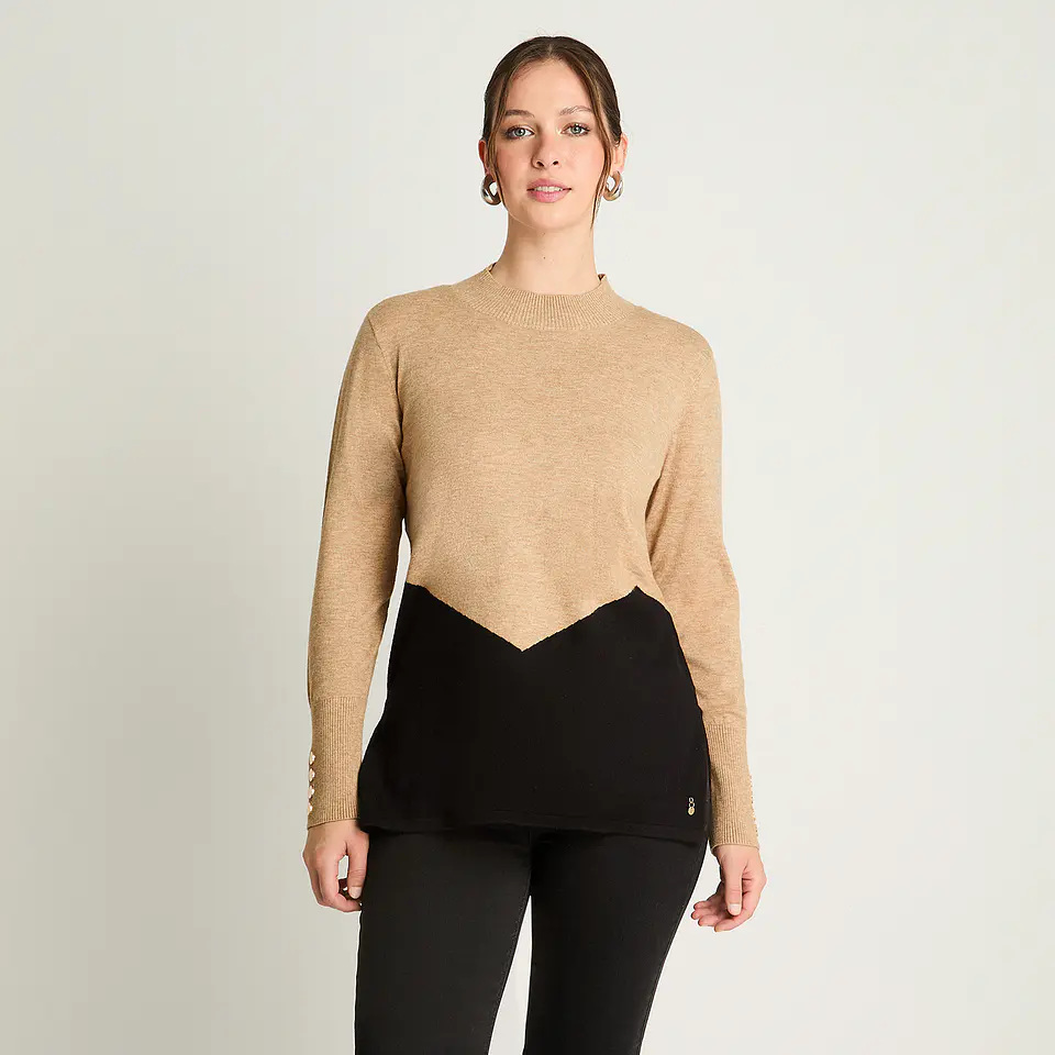 Sweater Mujer Cuello Medio Beatle Manga Larga Bicolor 816513 Camel 1