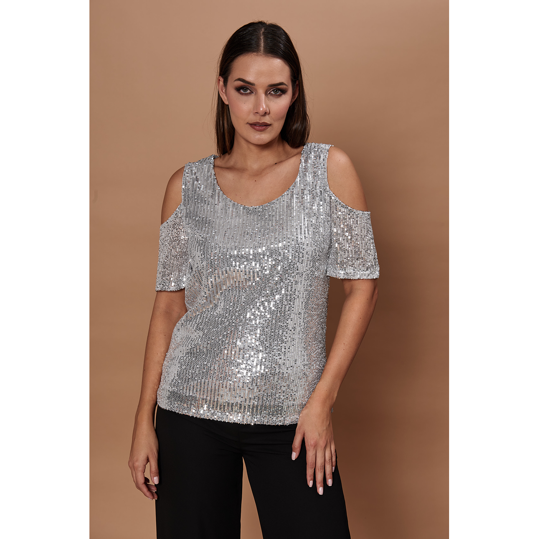 POLERA MUJER C/V M/C HOMBRO DESCUBIERTO LENTEJUELAS NIGHT GIVE NIGHT N56317 PLATA 1