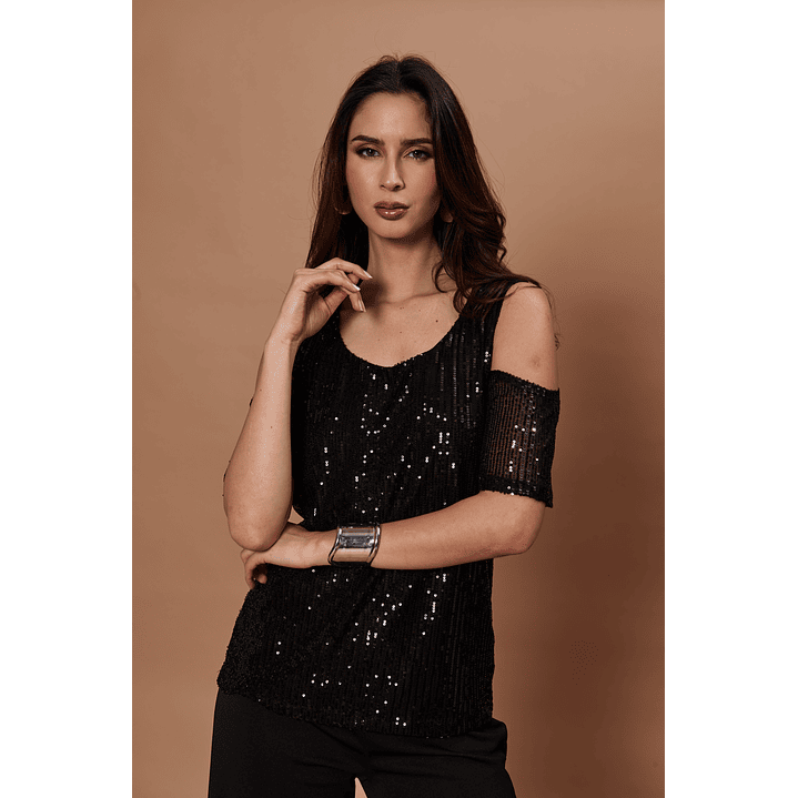 POLERA MUJER C/V M/C HOMBRO DESCUBIERTO LENTEJUELAS NIGHT GIVE NIGHT N56317 NEGRO 5