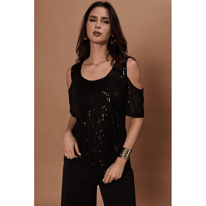 POLERA MUJER C/V M/C HOMBRO DESCUBIERTO LENTEJUELAS NIGHT GIVE NIGHT N56317 NEGRO 1