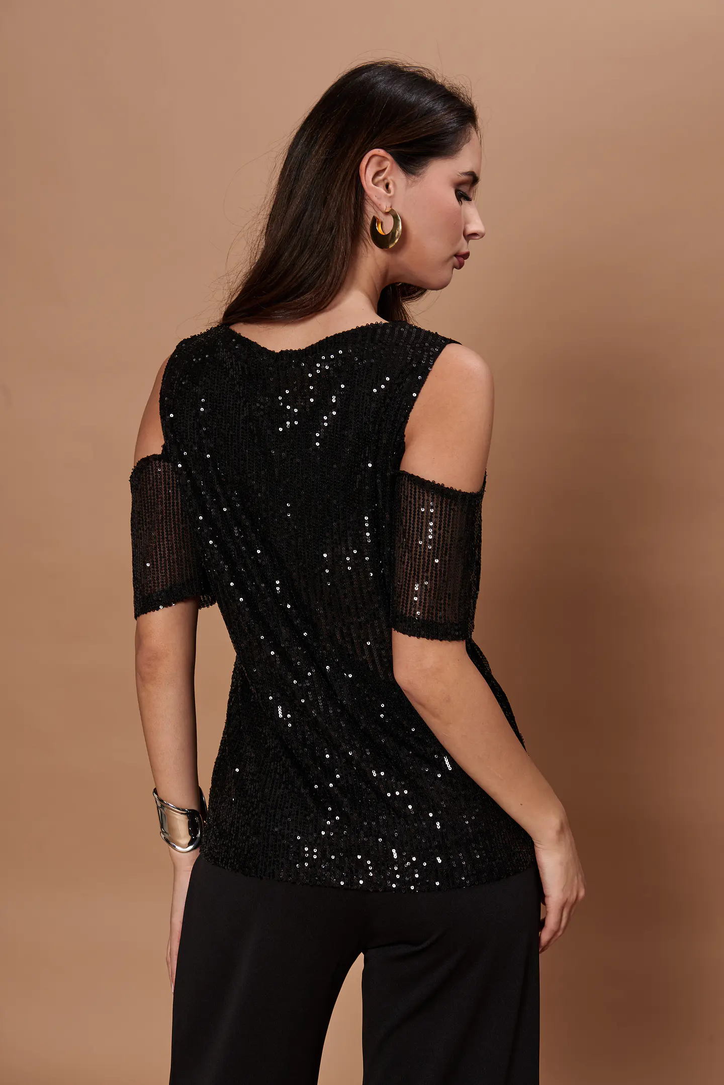 Polera Mujer C/V M/C Hombro Descubierto Lentejuelas Night Give Night N56317 Negro 6