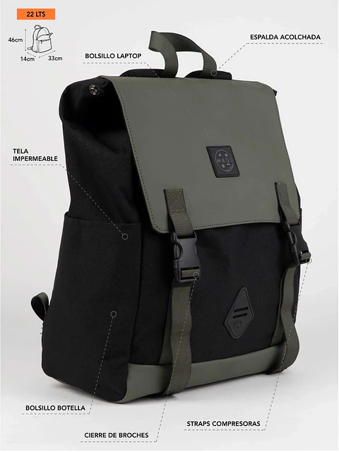 MOCHILA (HO) 20 LT. MAUI AND SONS 5AM185-MC26 VERDE-NEGRO S/T