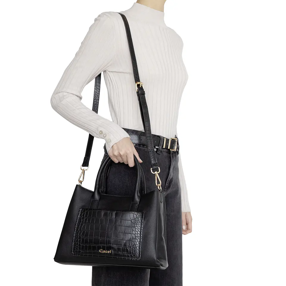 Cartera (Mu) Dos Asas Aligator Mediana Gacel Car3441 Negro S/T 2