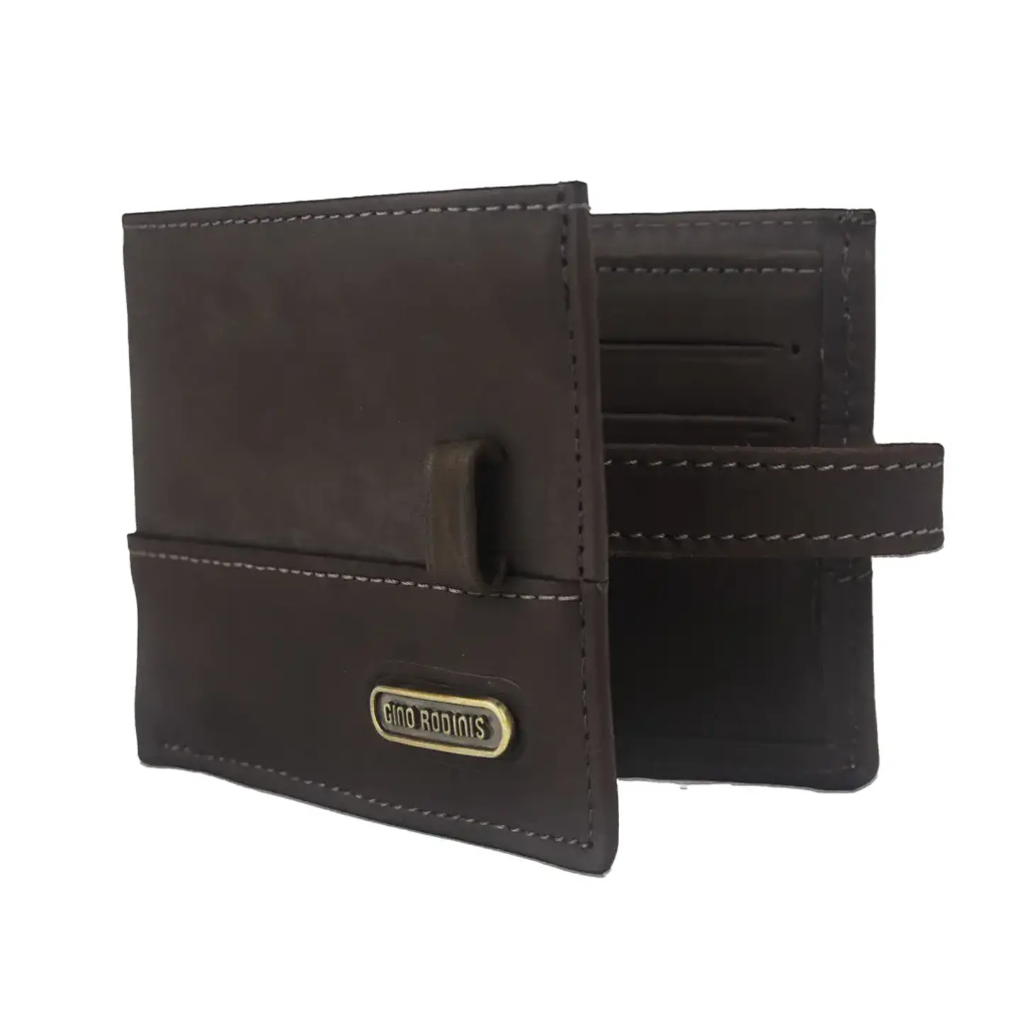 Billetera Hombre Cuero Graso Tarjetas C/Pasador Gino Rodinis Cafe 2
