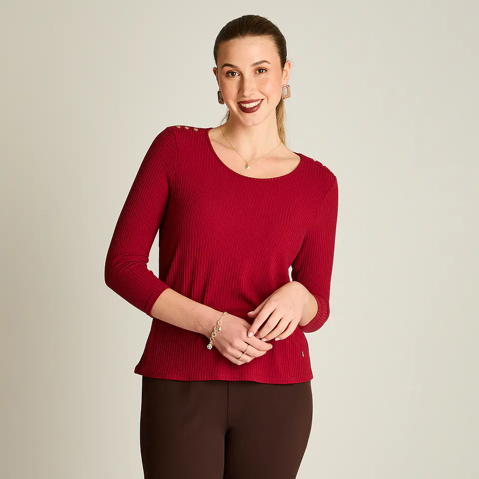 Polera Rib Rojo Manga 3/4 Con Aplicación En Hombros 108504 1