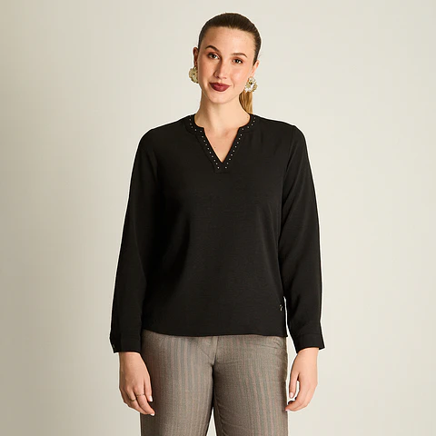 BLUSA (MU) M/L C/MAO APLIC STRASS LISA LORENZO IMP. 208509 NEGRO 