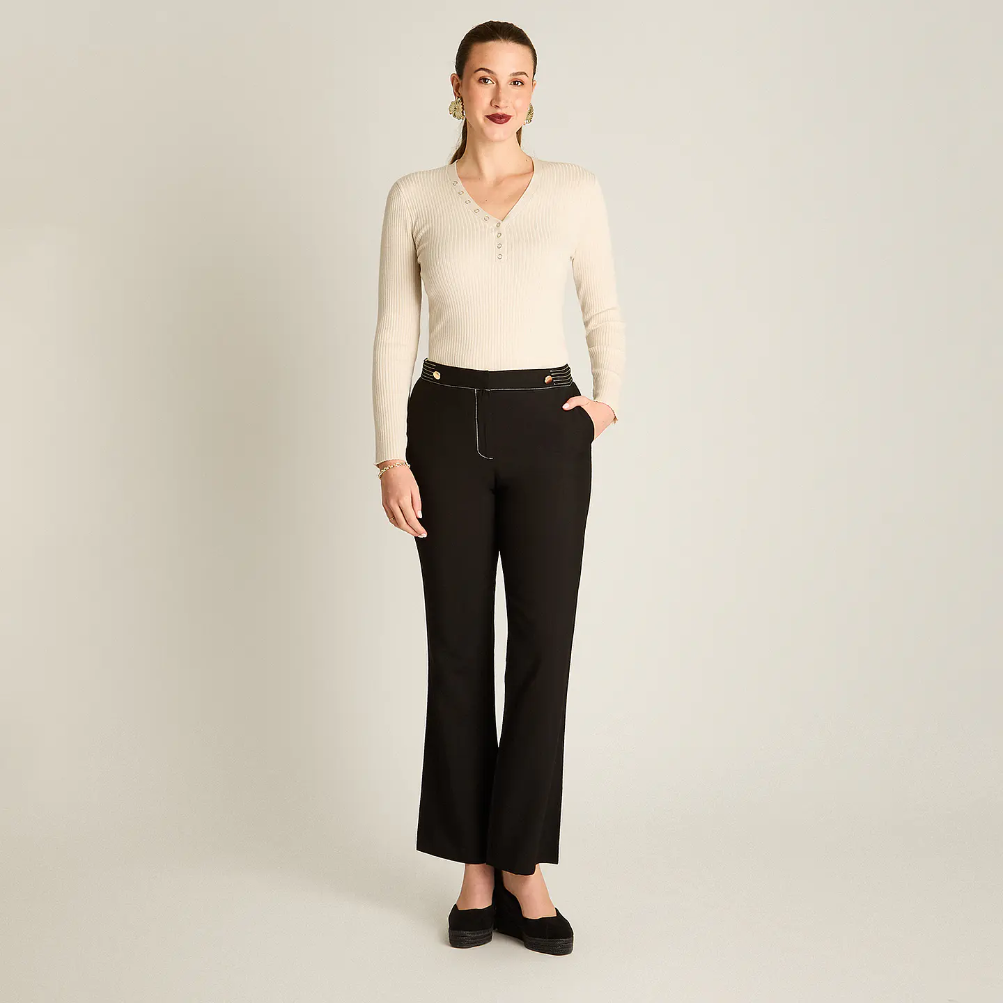 Pantalón Negro Palazzo Formal Con Dos Botones 708502 2
