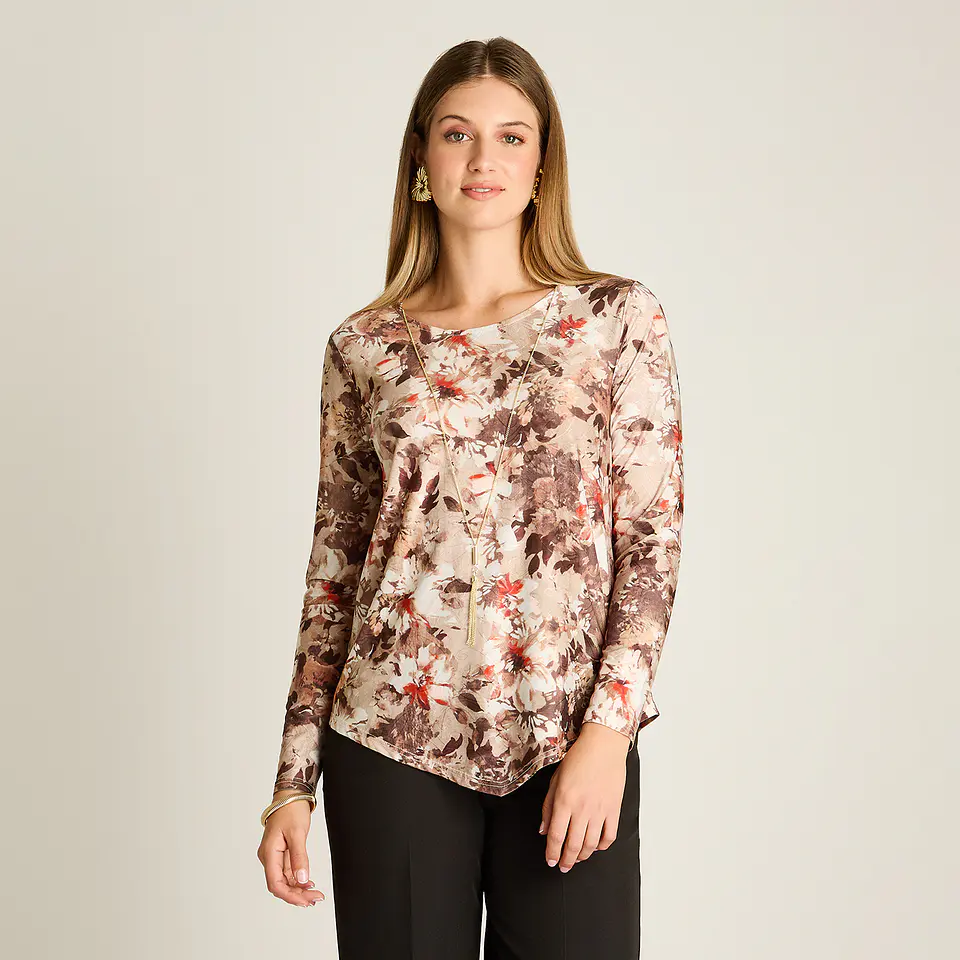 Polera Camel Manga Larga Estampada Con Cuello Redondo Y Collar 108507 1