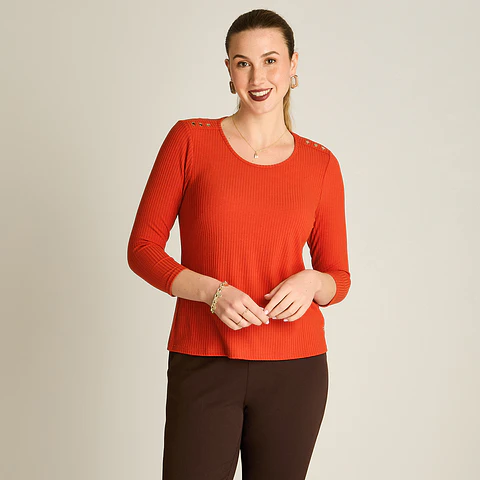 Polera Rib Terracota Manga 3/4 con Aplicación en Hombros 108504