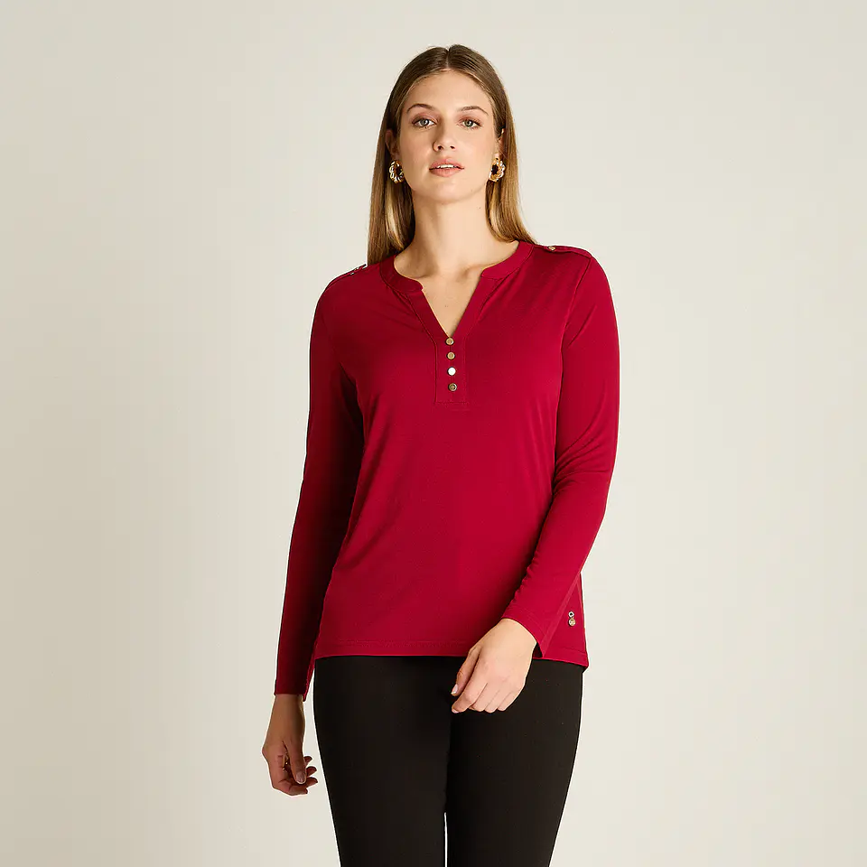 Polera Roja Manga Larga Con Escote Mao Y Botones Decorativos 108506 1