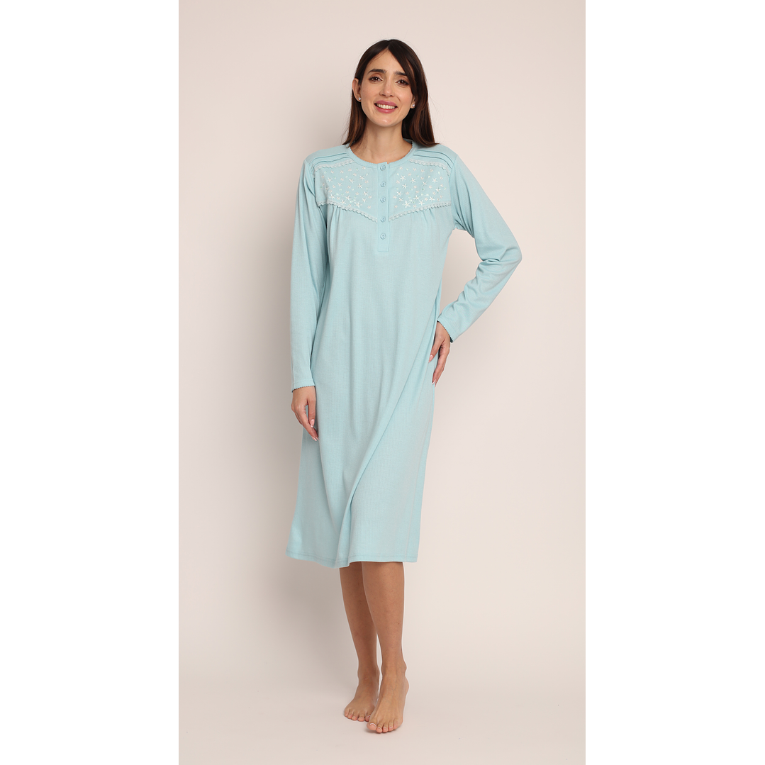 CAMISA (MU) C/P M/L PATA BOTON ACANALADA C/BORDADO ALGODÓN MON-AMOUR 123 AQUA  1