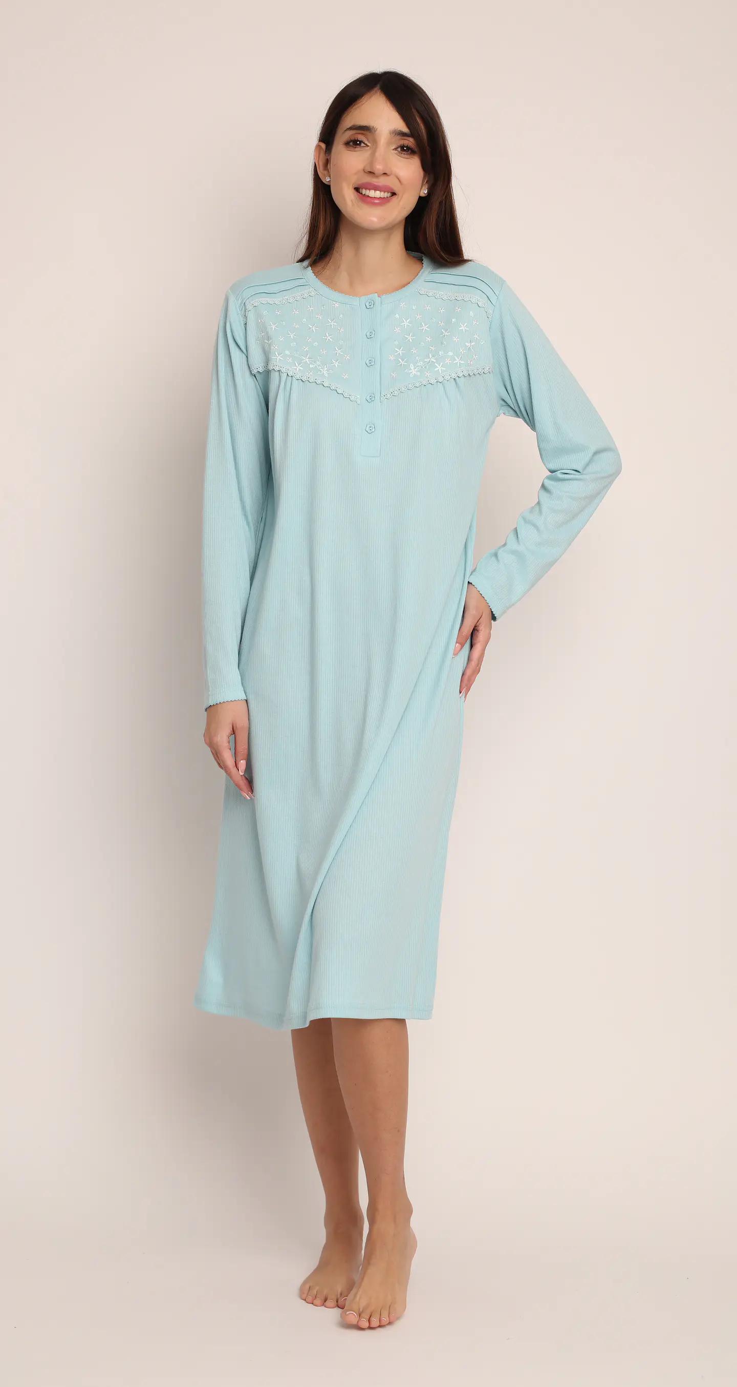 Camisa (Mu) C/P M/L Pata Boton Acanalada C/Bordado Algodón Mon-Amour 123 Aqua  1