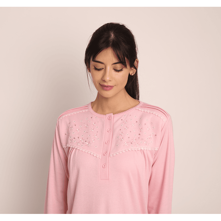 CAMISA (MU) C/P M/L PATA BOTON ACANALADA C/BORDADO ALGODÓN MON-AMOUR 123 ROSADO  2