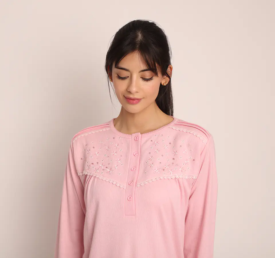 Camisa (Mu) C/P M/L Pata Boton Acanalada C/Bordado Algodón Mon-Amour 123 Rosado  2