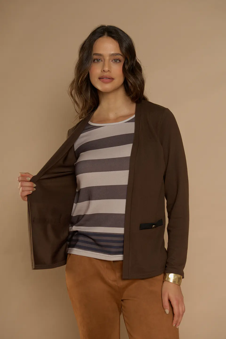Chaleco (Mu) M/L Melange C/Polera Listada Give Y76400 Cafe  1