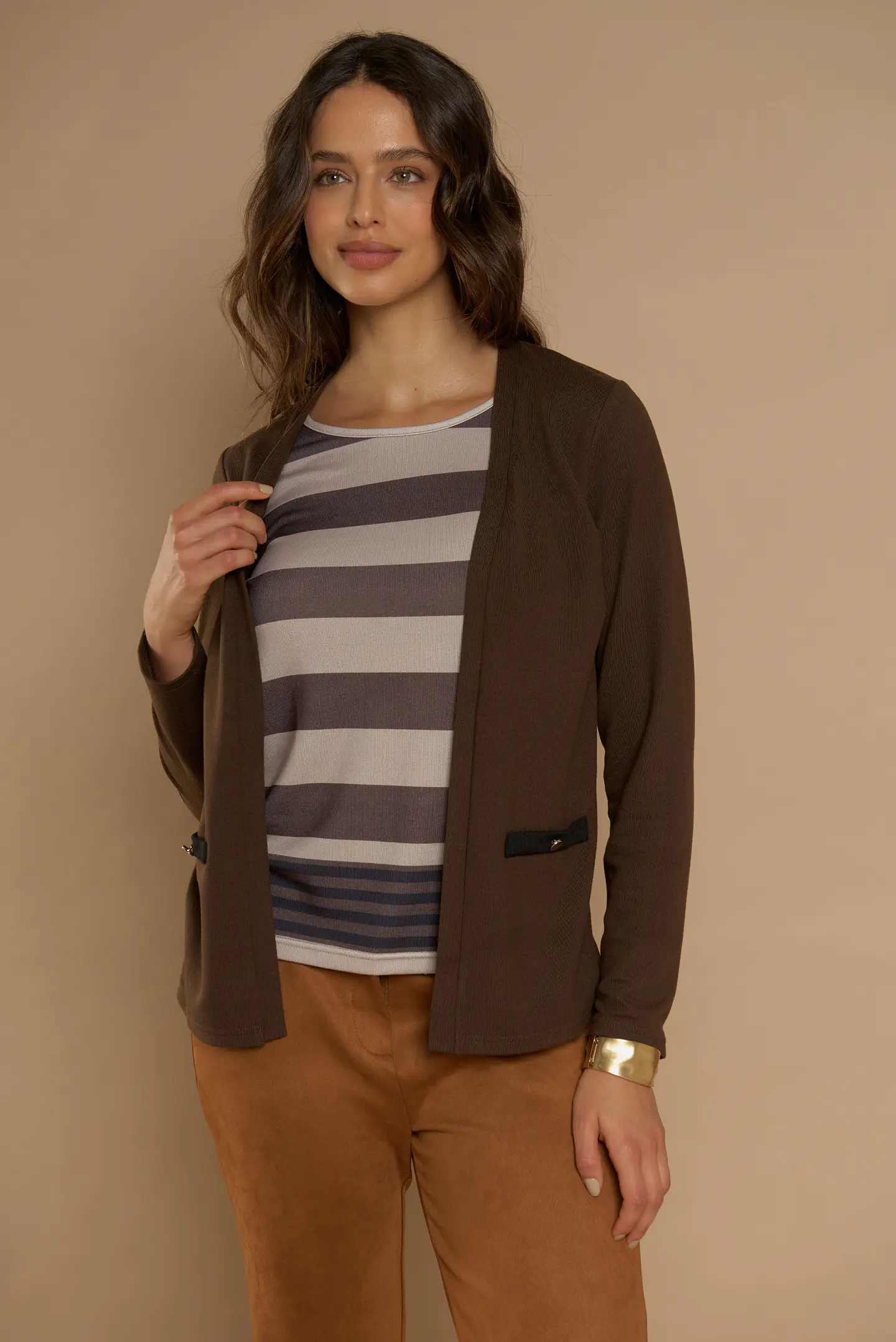 Chaleco (Mu) M/L Melange C/Polera Listada Give Y76400 Cafe  4