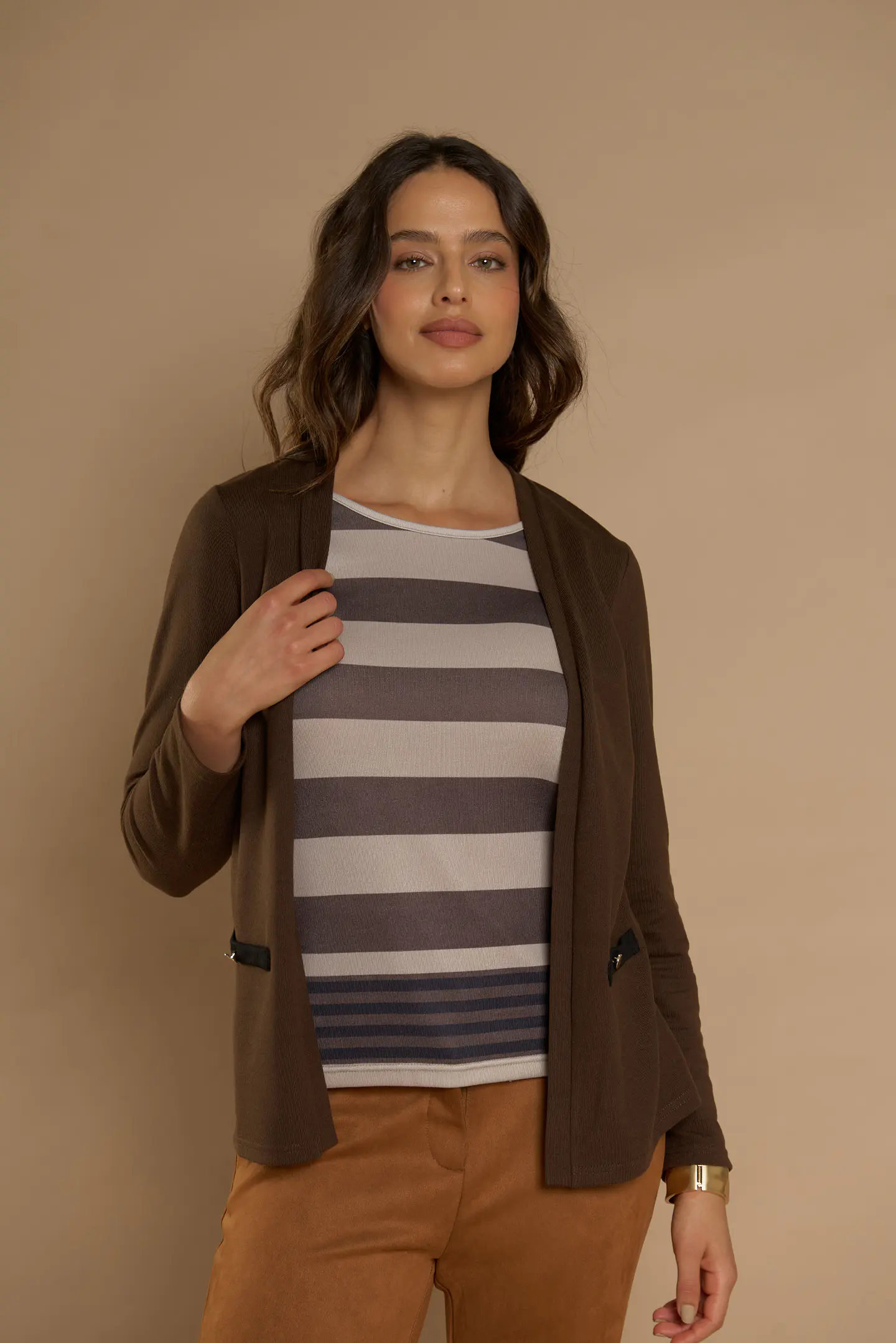 Chaleco (Mu) M/L Melange C/Polera Listada Give Y76400 Cafe  6