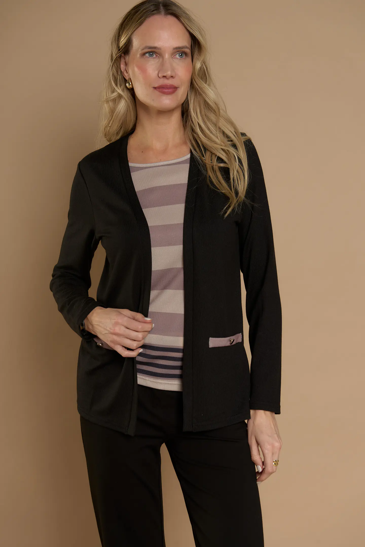 Chaleco (Mu) M/L Melange C/Polera Listada Give Y76400 Negro  1