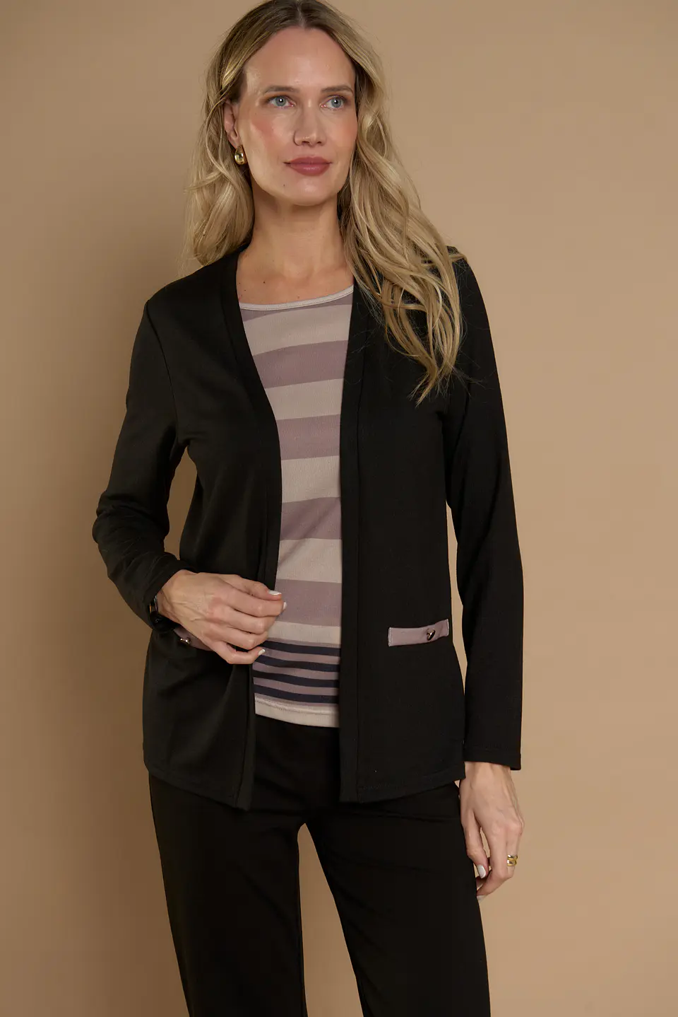 Chaleco (Mu) M/L Melange C/Polera Listada Give Y76400 Negro  1